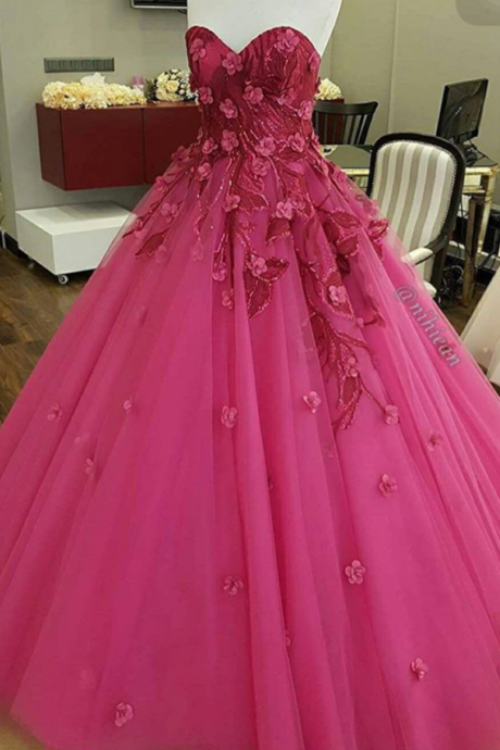 Pink Prom Dress, Handmade Flower Prom Dress, A Line Prom Dress, Tulle Prom Dress, Sweetheart Neckline Prom Dress, Elegant Prom Dress, Floor Length Prom Dress, 2017 New Arrival Prom Gown