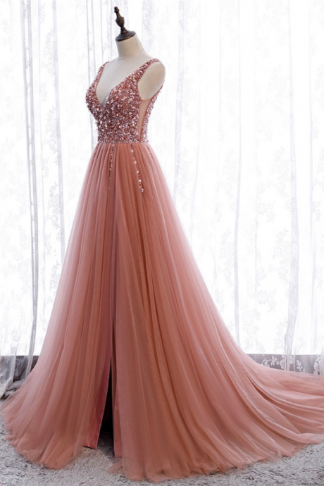 New, v-neck long elegant prom dress, fairy tail party dress,slit sexy evening dress,custom made