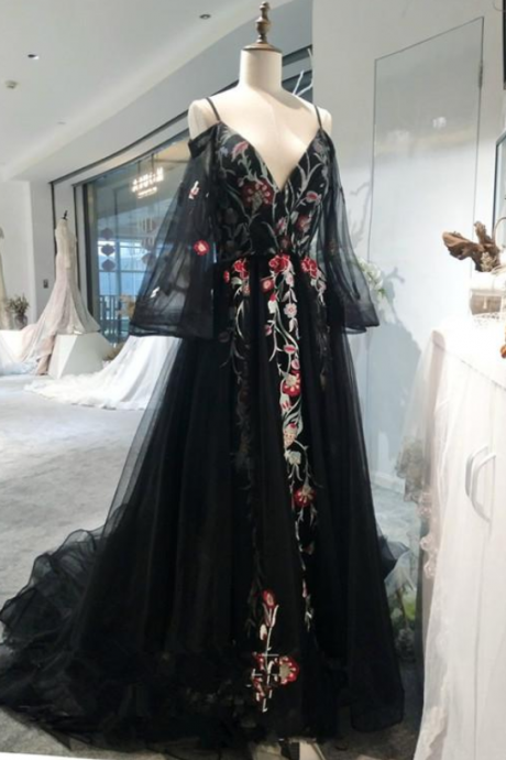 Black Long Sleeves Floor Length Formal Dress, Charming Party Dress