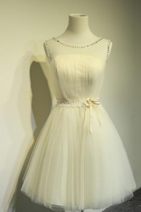 Lovely Champagne Tulle Short Party Dress, Round Neckline Formal Dress