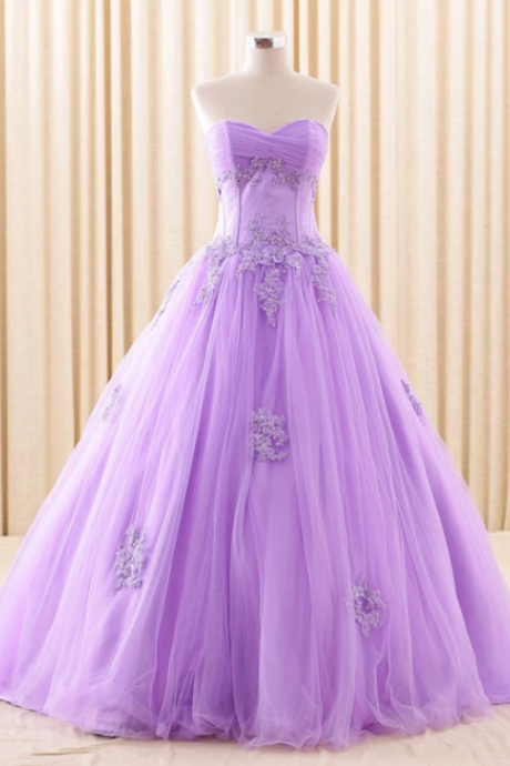 Purple Strapless Lace Ball Gown Dress