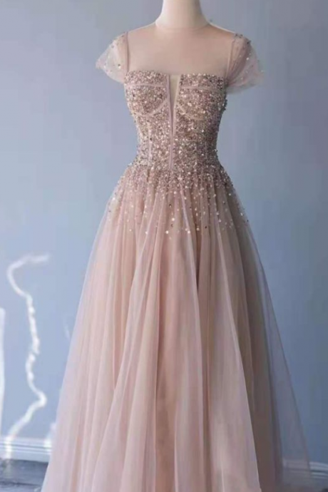 Princess Champagne Beaded Tulle Long Formal Dress