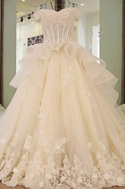 A-line Appliqued Off-the-Shoulder Wedding Dresses, Shiny Sweep Train Dresses 