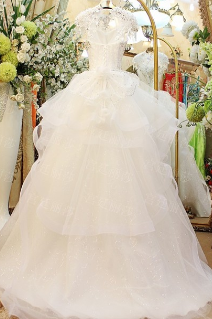 A-line Shiny Scoop Neck Wedding Dresses,Appliqued Dresses For Autumn