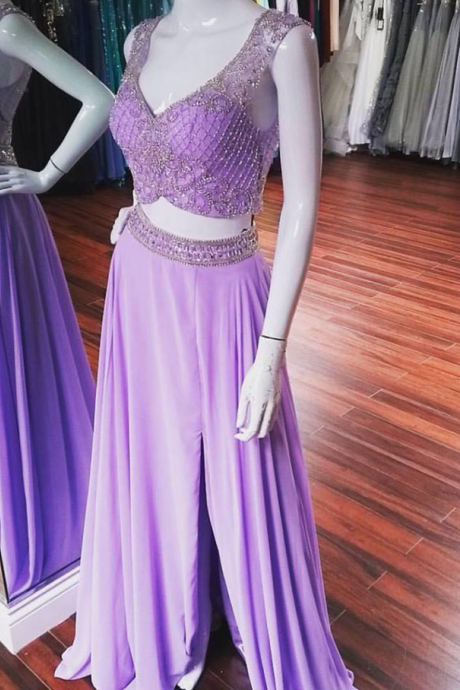 Lilac Chiffon With Beaded Prom Dresses,2 Pieces Prom Dresses,long Formal Dresses