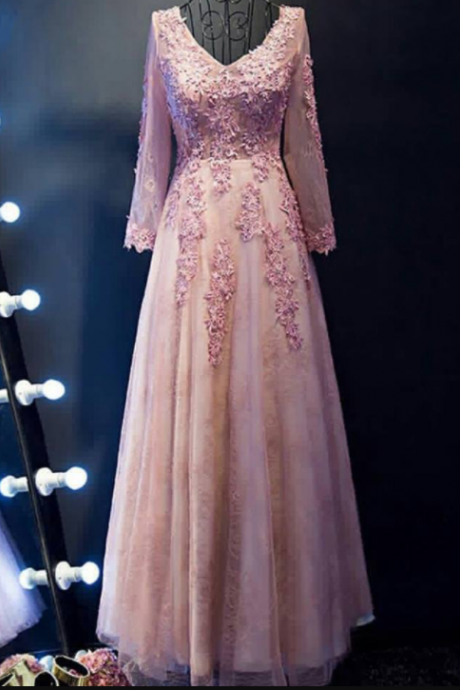 Lace Appliqued Long Sleeves Prom Dresses,Long Mother for Bridal Dresses,Lace Formal Dresses