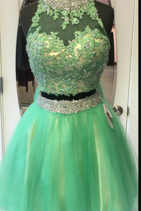 Green Tulle with Lace Appliqued and Beaded 2 Pieces Homecoming Dresses,Backless Short Prom Dresses,