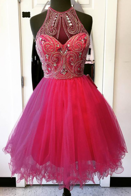 Fuchsia Tulle with Beaded Halter Homecoming Dresses,Hoco 2k17 Dress,Short Prom Dress