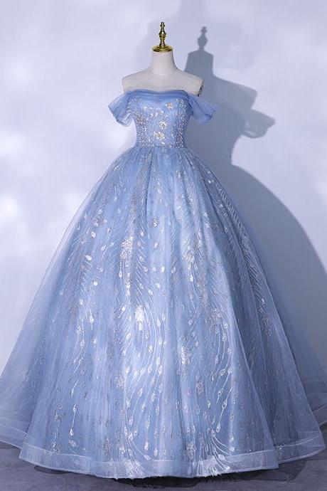 Haze blue temperament Cinderella shoulder puffy skirt annual party evening dress woman