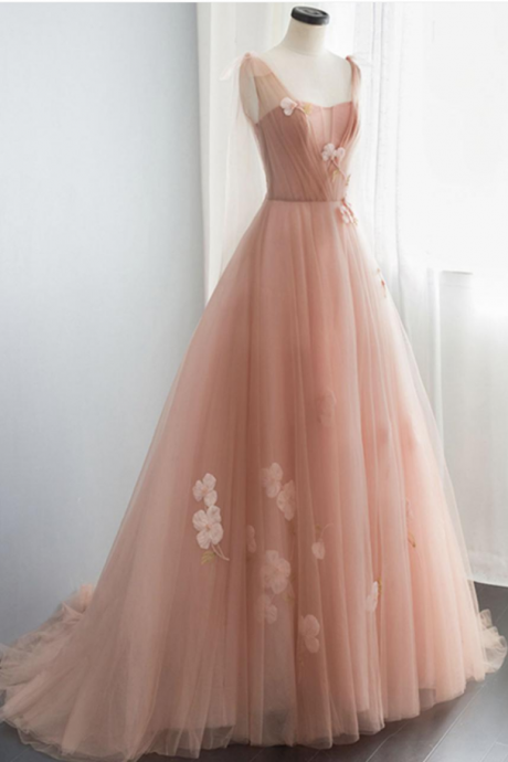 Pink tulle long prom dress A line evening gown