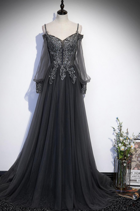 Gray tulle lace long prom dress A line evening dress