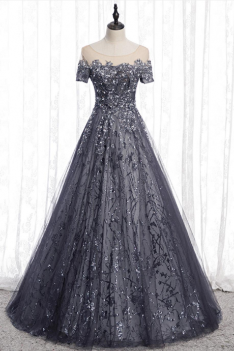 Gray tulle sequins long prom dress A line evening gown