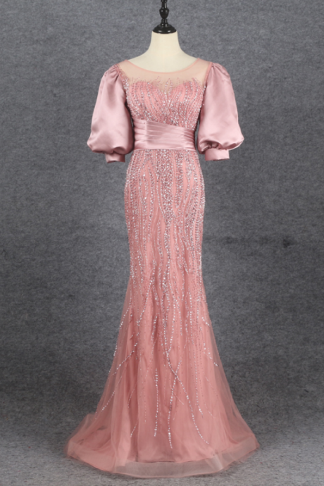 Dress dress pink seven-point sleeve fishtail temperament long dress senior slimming evening dress