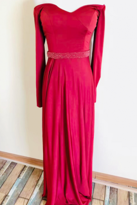 Long Sleeve Prom Dress,red Party Dress,off Shoulder Evening Dress,back Zipper,queenie Prom Unique,custom Made