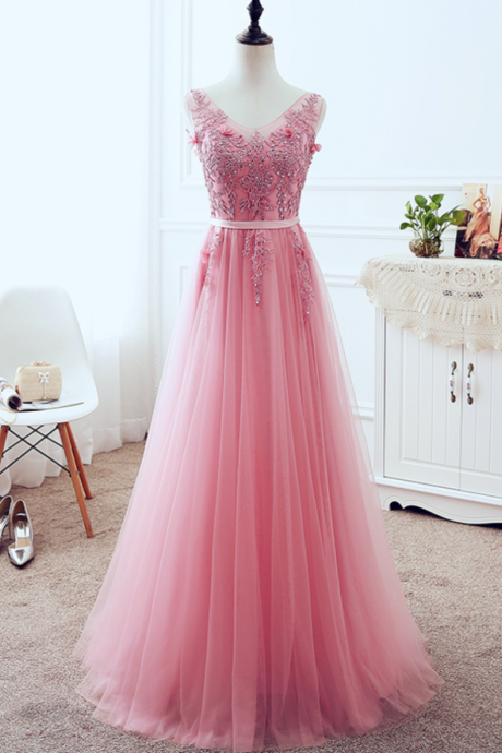 Pink Lace Appliqués And Beaded Embellished Plunge V Sleeveless Floor Length Tulle A-line Formal Dress Featuring Lace-up Back, Prom Dress