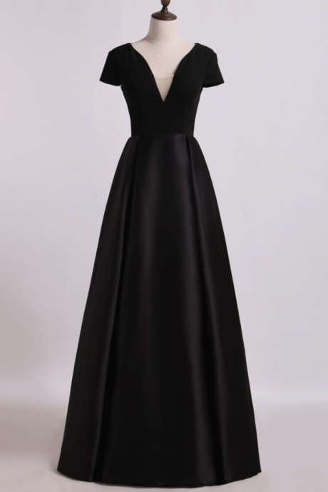 Prom Dresses Open Back V-neck Short Sleeve A-line Satin Evening Dress Black Bodice Floor-length