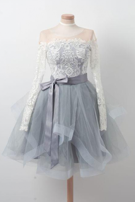Gray round neck tulle lace short homecoming dress, gray homecoming dress