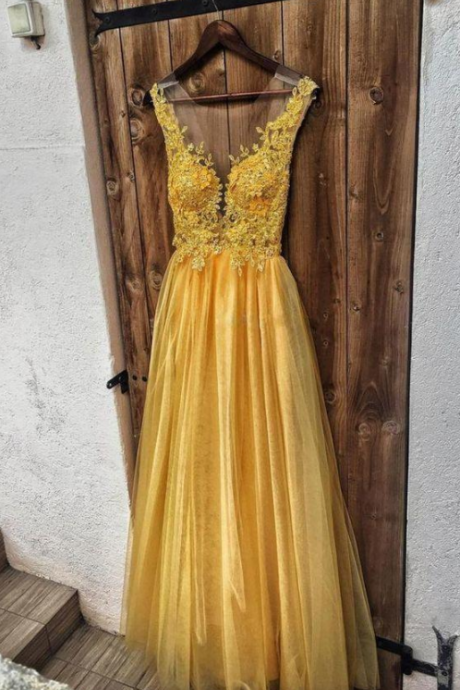Yellow Lace Tulle Long Prom Dress, Yellow Evening Dress