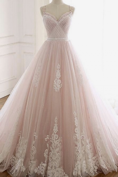 Spaghetti Straps Light Pink Prom Dresses ,ball Gown Beading Tulle Prom Dresses White Lace Appliques ,custom Made