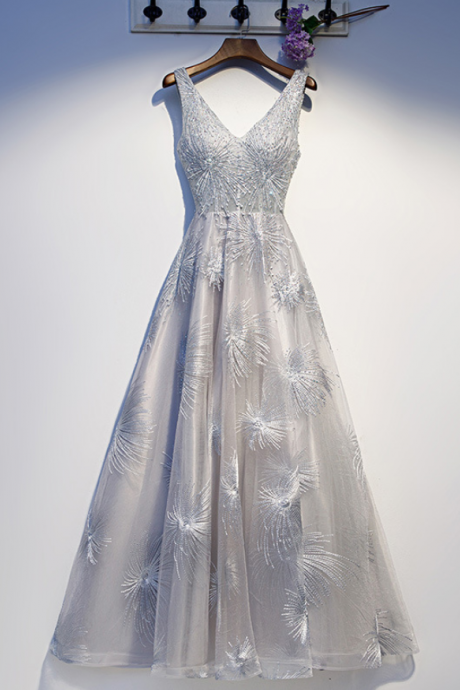 New style, V-neck, birthday party dress, gray party dress bridesmaid dress,Custom Made