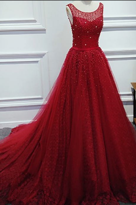 Gorgeous Prom Dresses,Beaded Prom Dresses,Red Prom Dresses,Sweep Train Prom Dresses,V-back Prom Dresses,Party Dresses,Evening Dresses