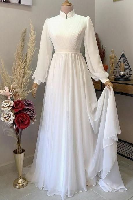 Prom Dresses, Simple Ivory Party Dress Elegant Long Evening Dress Full Sleeve Formal Dress