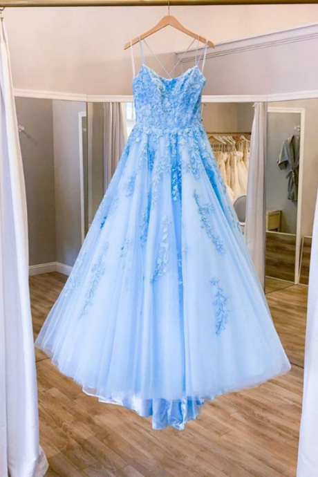 Blue round neck tulle lace long prom dress tulle lace formal dress