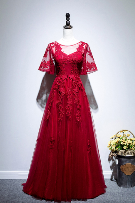 Lace Flared Sleeve Wine Red Dress