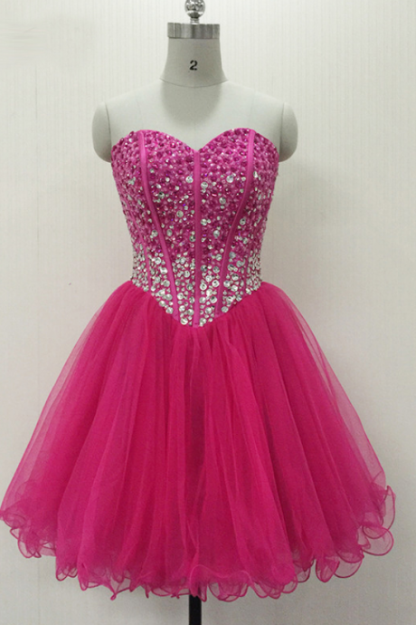 Prom Dresses, Prom Dresses with Beadings, Backless Prom Dresses, Sweetheart Prom Dresses, Tulle Ruffles Prom Dresses, Short Prom Dresses, Prom Dresses, Short Homecoming Dresses, Hot Pink Prom Dress, Mini Party Dress, Prom Dresses , Custom Made