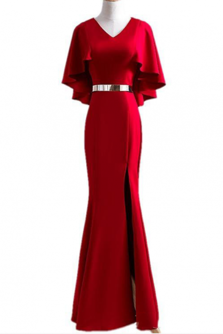 Prom Dresses, Half-sleeve V-neck Fishtail Red Evening Dress Slits Long Formal Dress Women's Dress