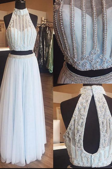 Light Blue Tulle Pearl Long Prom Dress, Two Pieces Evening Dress