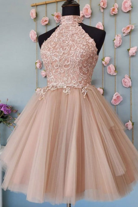 Pink Tulle Lace Short Prom Dress Lace Homecoming Dress