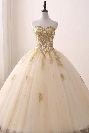 Real Images Gold Appliqued Ball Gown Quinceanera Dresses Sweetheart Tulle Floor Length Sweet 16 Dresses Custom Made