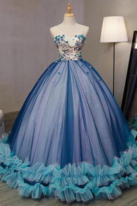 Charming Blue Tulle Strapless Long A Line Sweet 16 Prom Dress, Floral Evening Dress