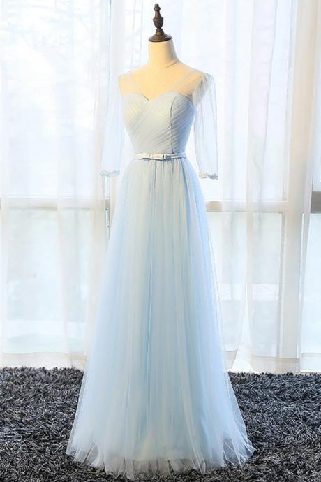 Prom Dresses, Fashion Prom Dresses,simple Pure Blue V Neck Long Bowknot Senior Prom Dress With Mid Sleeves