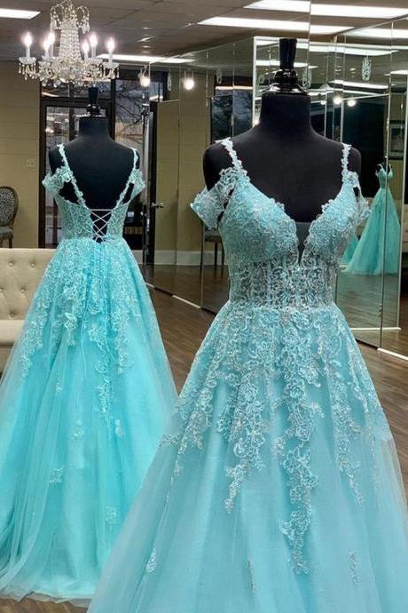 Tulle Long Prom Dresses with Appliques,Graduation School Party Dress,