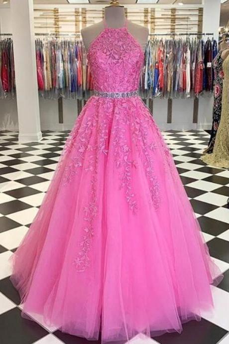 Style Pink Prom Dress Halter Neckline