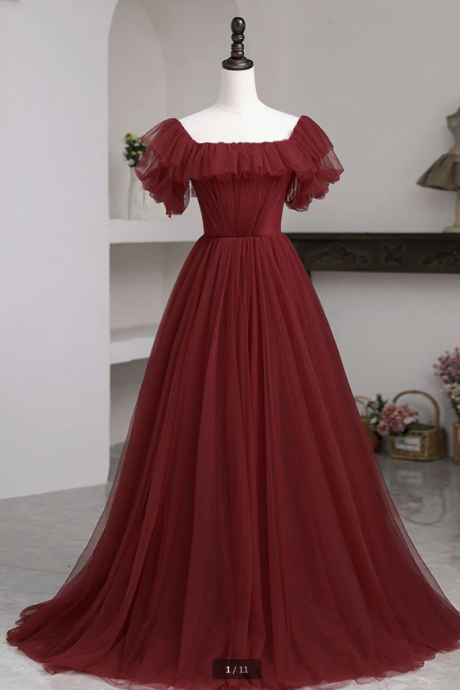 Prom Dresses,Simple burgundy tulle long prom dress, burgundy bridesmaid dress