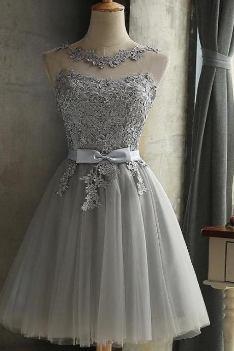 Gray Lace Short A Line Prom Dress Homecoming Dress
