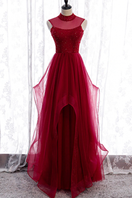 Prom Dresses, High Neck Tulle Sequin Beads Long Evening Dress