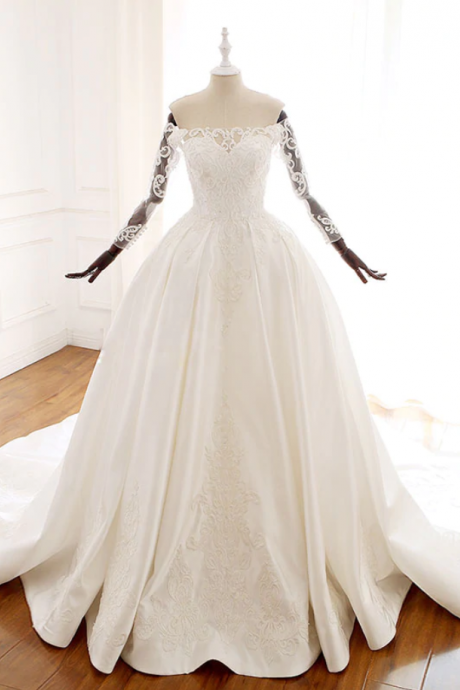 Wedding Dresses,lace Satin Long Wedding Dress, Lace Satin Long Bridal Gown