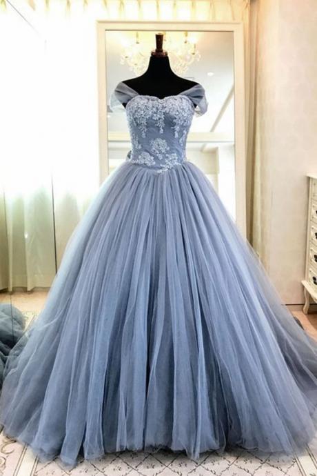 Blue Gray Tulle High Neck Cap Sleeve Long Evening Dress, Long Formal Prom Gown With Appliqués