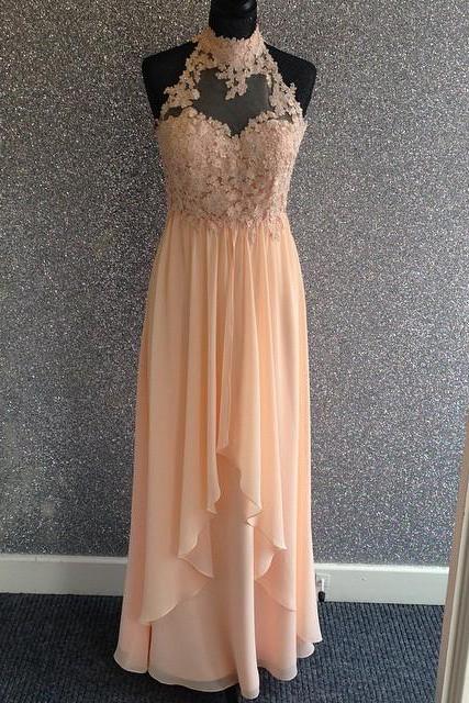 Prom Dress,modest Prom Dress,elegant Lace Halter Long Chiffon Champagne Prom Dresses