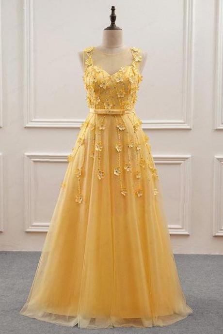 Yellow Flowers Beading Tulle Long Prom Dress A-line Party Evening Dress 