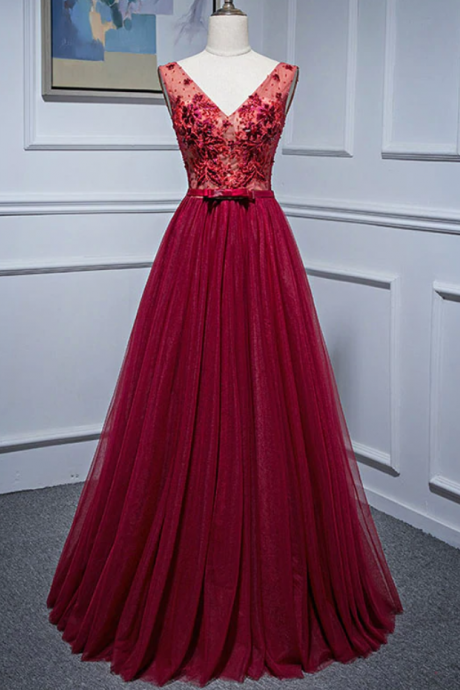 Prom Dresses, V Neck Tulle Lace Long Prom Dress, Evening Dress