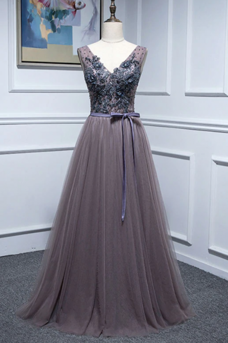Prom Dresses,elegant V Neck Tulle Lace Long Prom Dress, Lace Evening Dress