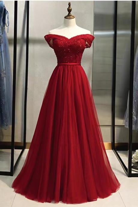 Off shoulder prom dress, red evening dress,elegant formal dress with bead,custom made