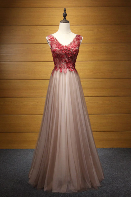 Prom Dresses,Elegant v neck tulle lace applique long prom dress, evening dress