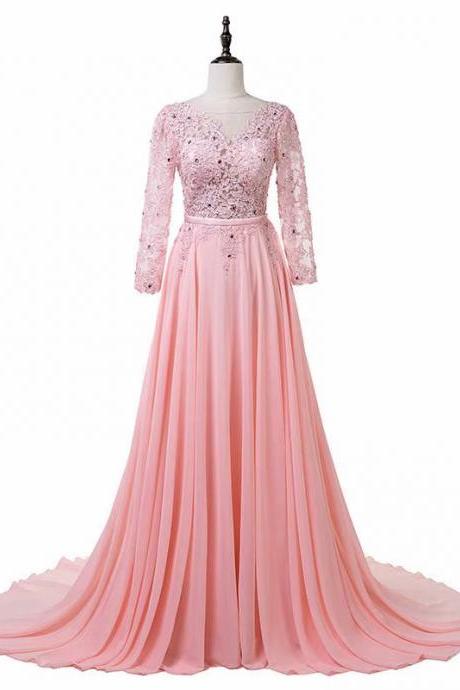 Long Sleeve Pink Evening Dress Pageant Dresses Sheer Neck Chiffon Fashion Evening Gown Formal Prom Dresses
