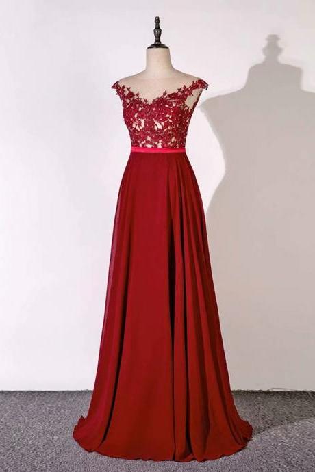 Burgundy Prom Dresses Pageant Dresses Sheer Neck Fashion Lace Applique Evening Gown Evening Gowns